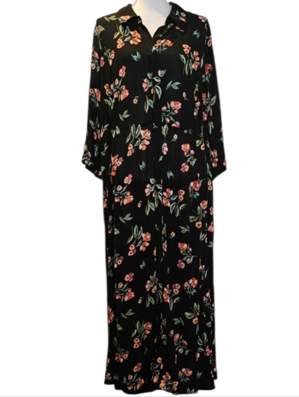 The Woman Within Long Sleeved Black Pink Floral Maxi Crinkle Dress Size 18W